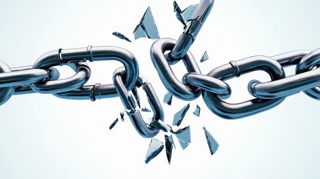 A broken chain is depicted, symbolizing the concept of freedom or disruption, with fragments visibly scattered from the point of breakage.