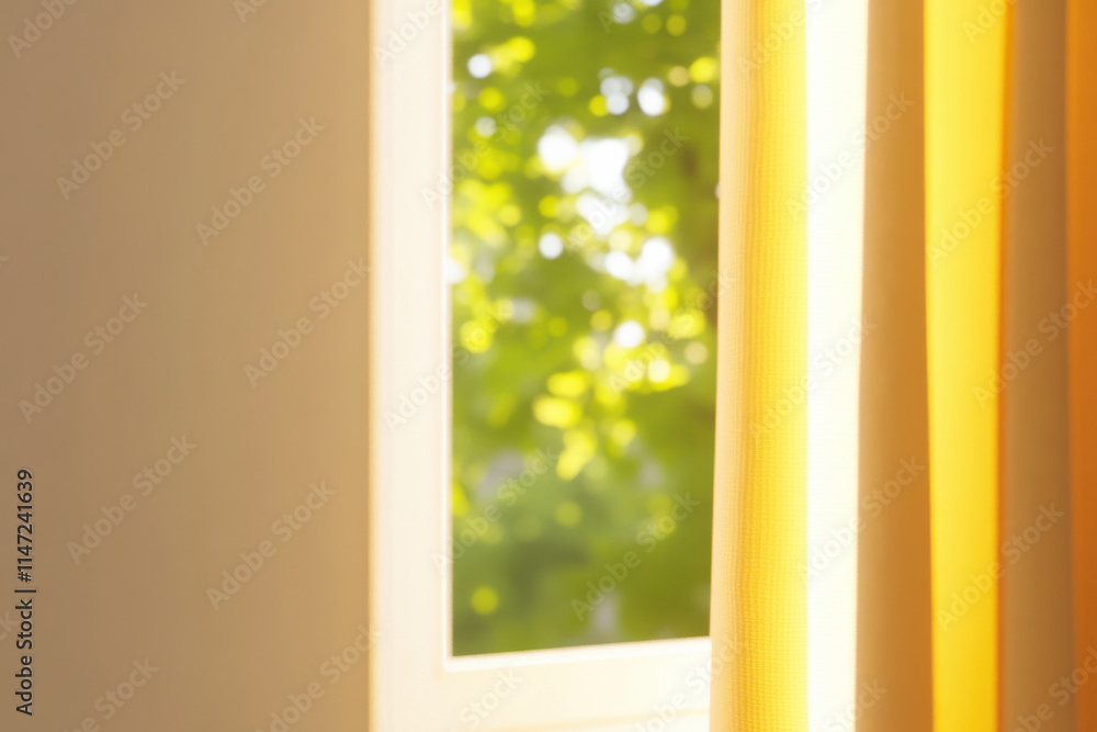Poster a window with a yellow curtain is open, letting in sunlight and a view of trees