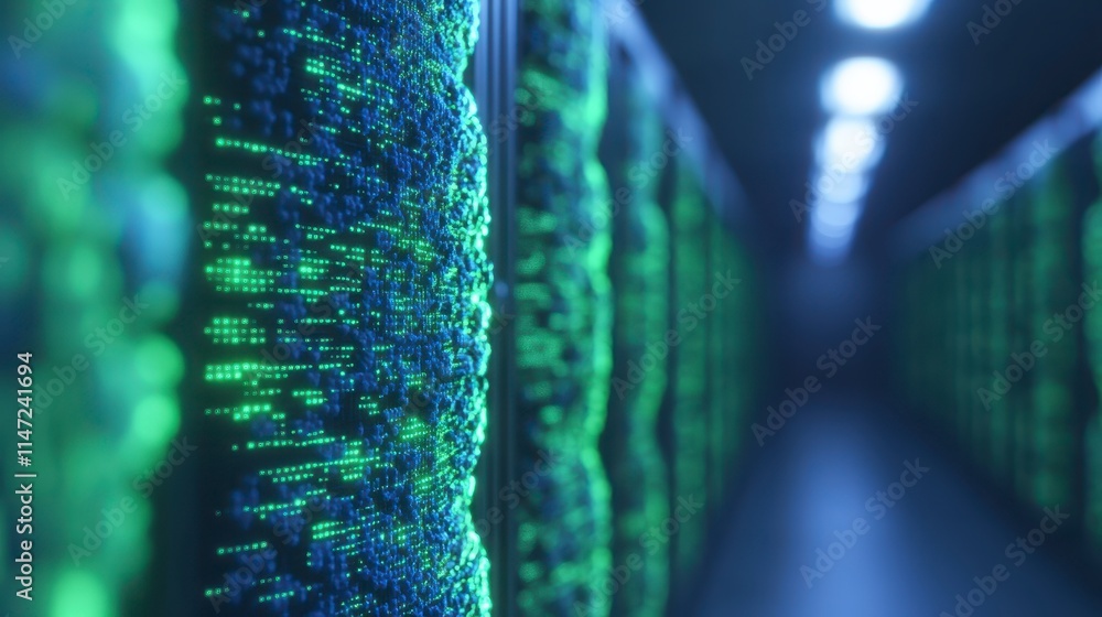 Poster a high-tech server room with glowing green data streams, showcasing advanced technology and digital 