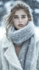Woman in winter, snowy background, portrait.