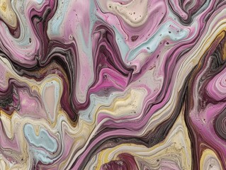 Abstract swirling marble texture in pink, purple, beige and grey tones.