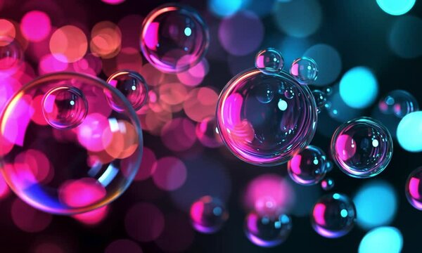Abstract image of colorful neon bubbles floating in a dark background. The bubbles are glowing with pink and blue lights, creating a vibrant and dynamic atmosphere.