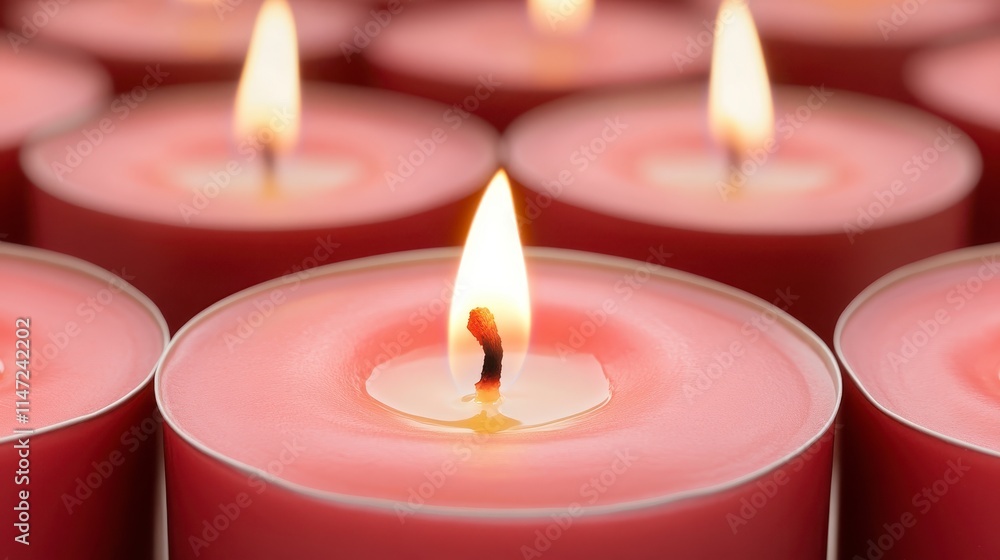 Poster a close-up of lit red candles, creating a warm and inviting atmosphere with soft flickering flames.