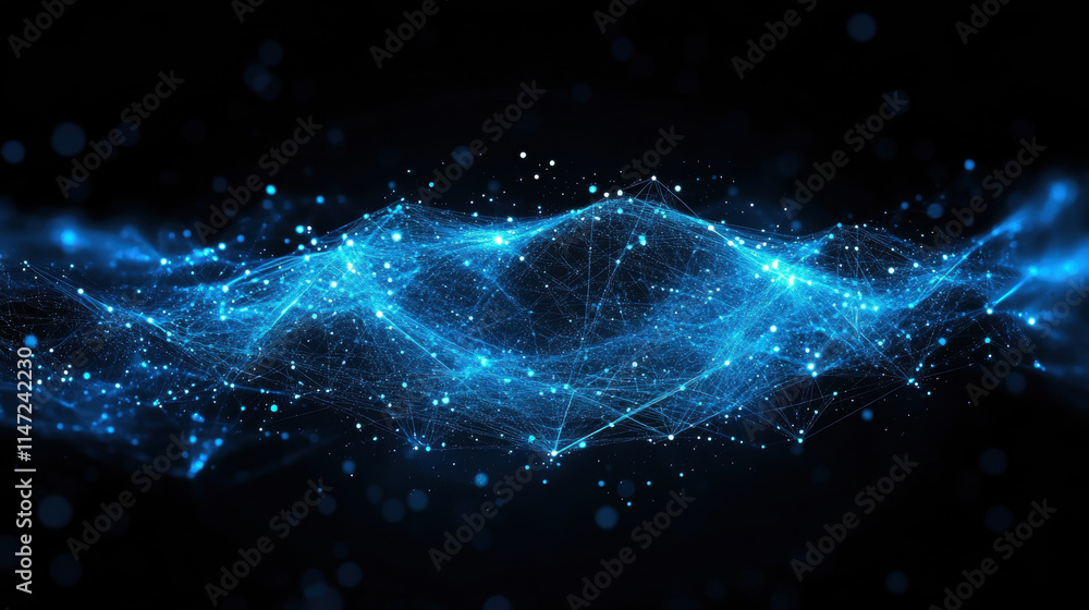 Poster abstract blue background with glowing connection lines and dots, a technology network concept