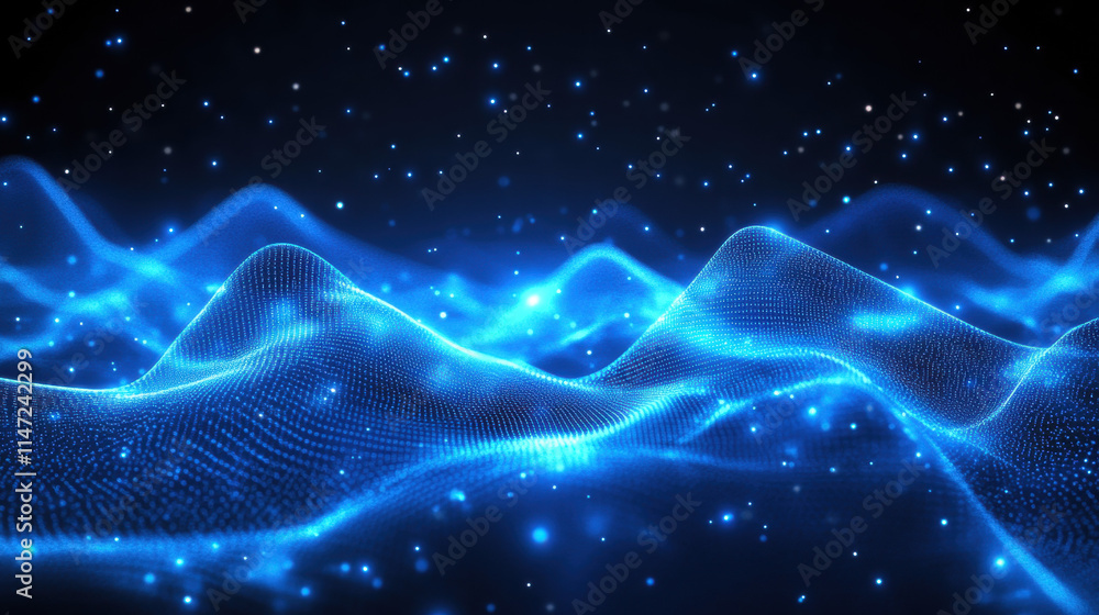 Poster abstract blue background with glowing connection lines and dots, a technology network concept