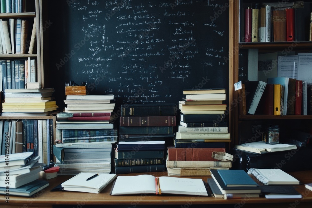 Aufkleber Desk filled with books, notebooks, and stationery in a study environment with ample copy space for writing. Generative AI