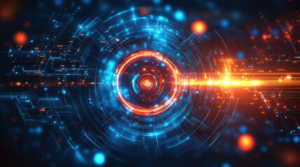 Obraz premium Abstract futuristic technology background with a digital circuit board and glowing elements, in blue, red, and orange colors