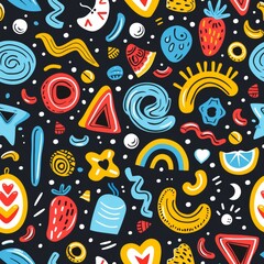 Dynamic neon geometric shapes  triangles, squares, and circles on a dark speckled background