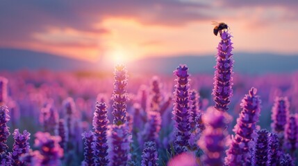 Naklejka premium Bee pollinating lavender flowers at sunset.