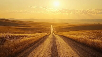 A Serene Dirt Road Winding Through Golden Fields at Sunset