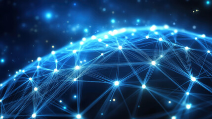 Abstract digital background with glowing connections and light particles on a blue backdrop, representing a technology or global network concept