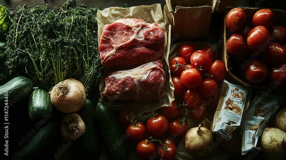 Leinwandbilder colorful array of fresh vegetables and meat with grains ready for cooking in a rustic kitchen settin