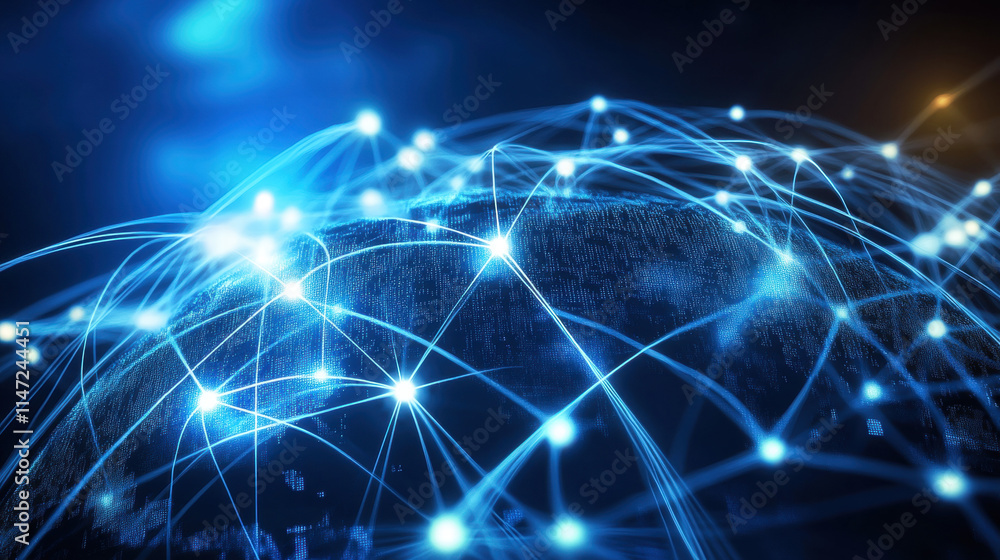 Poster abstract digital background with glowing connections and light particles on a blue backdrop, represe