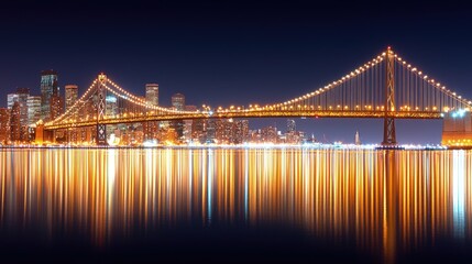 Obraz premium Night cityscape with illuminated bridge and city reflection.
