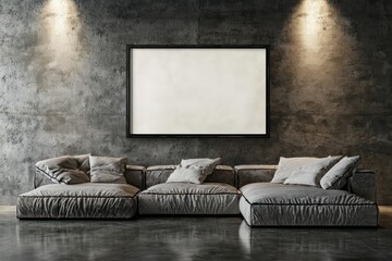 Sleek urban living room with ISO A2 frame, low sofa, polished concrete floor, and spotlighting for a bold modern look.