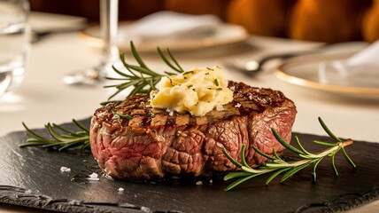 Perfectly Seared Steak with Garlic Butter and Rosemary on Slate Platter