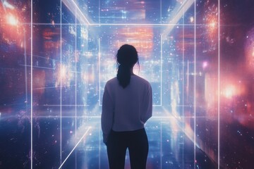 A person stands in a vibrant digital gallery, surrounded by glowing artworks that create an immersive experience in a virtual setting. Generative AI