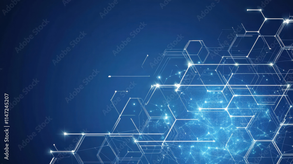 Aufkleber blue background with white hexagons and lines for a technology or science vector banner design templ