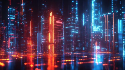 Fototapeta premium Futuristic cityscape at night with glowing neon lights.
