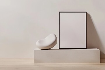 Gallery-style room with light wood floors, minimalist sculpture, vertical mockup frame, and soft lighting for dramatic effect.
