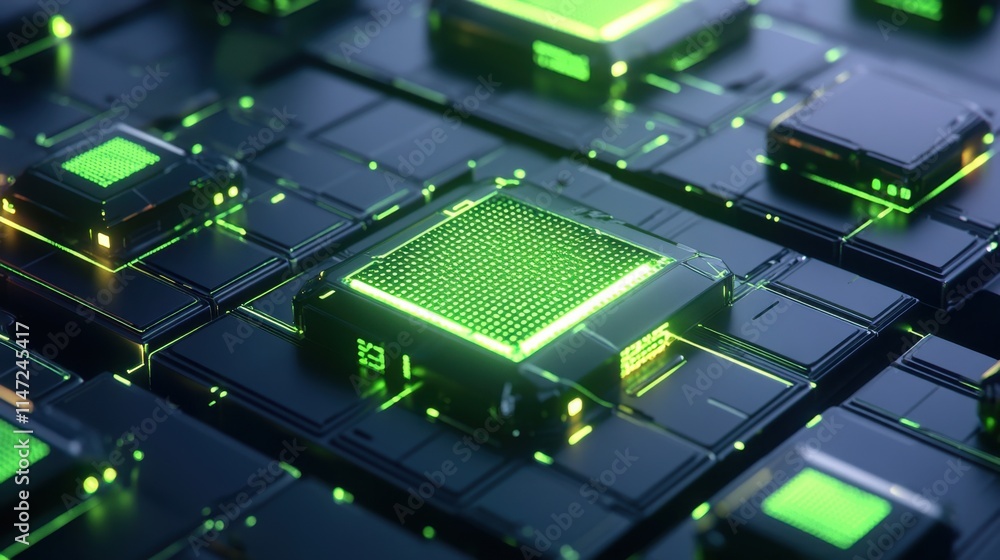 Poster futuristic technology background with green illuminated circuits