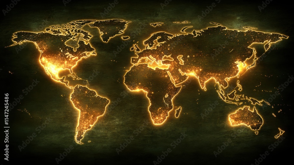 Poster illuminated world map with golden light effect on dark background