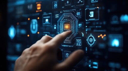 Fototapeta premium Human hands touching electronic screens, concept of artificial intelligence