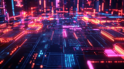 Abstract digital circuit board with glowing neon lines.