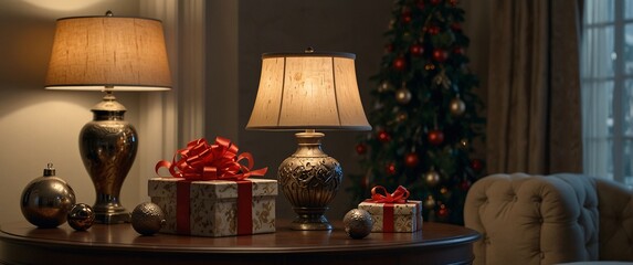Christmas Eve Tabletop: A cozy Christmas Eve scene featuring a beautifully decorated table with gifts, lamps, and a Christmas tree.