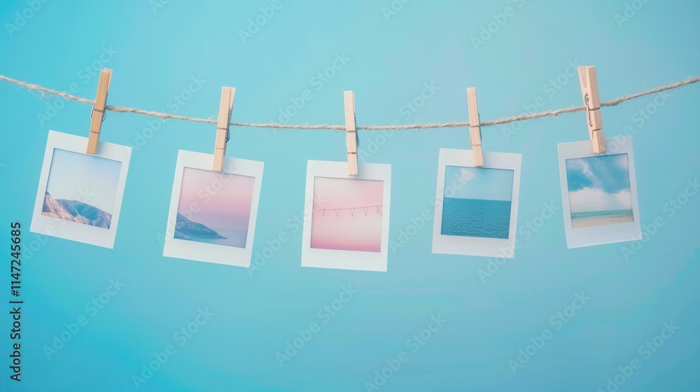 Poster hanging polaroid pictures on a string with clothespins against a blue background for creative displa