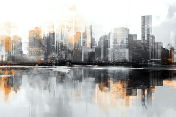 Naklejka premium Cityscape Reflection: Abstract Urban Art with Buildings and Water, Featuring Grey and Orange Hues, Modern Architectural Design, Impressive Skyline.