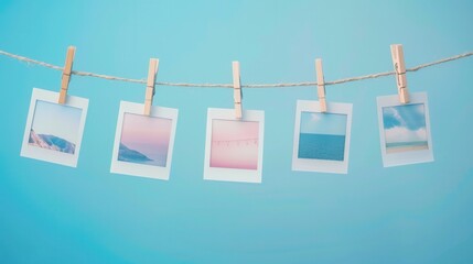 Hanging polaroid pictures on a string with clothespins against a blue background for creative display. Generative AI
