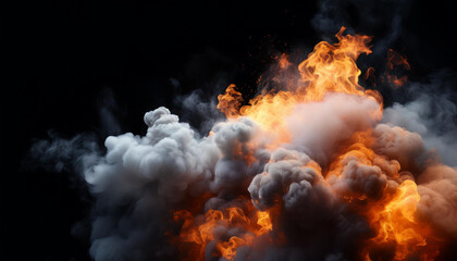 Realistic smoke clouds and fire on black background. Flame blast, explosion. Stream of smoke from burning objects. Forest fires. Transparent fog effect. White steam, mist.