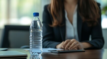 A Bottle of Water on a Table in an Office