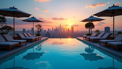 A rooftop infinity pool overlooking a vibrant city skyline at sunset