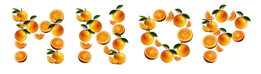 Letters M, N, O, P made from oranges