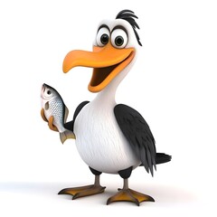 Obraz premium Cartoon Bird Holding Fish with Happy Expression and Bright Colors