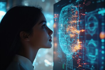 Human and AI collaborate in a futuristic workspace focusing on innovation and technology advancements. Generative AI