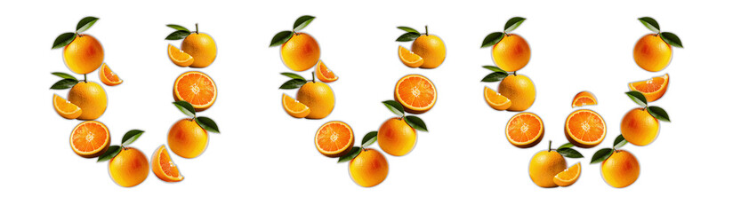 Letters U, V, W made from oranges