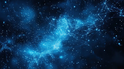 Abstract digital background with glowing connections and light particles on a blue backdrop, representing a technology or global network concept