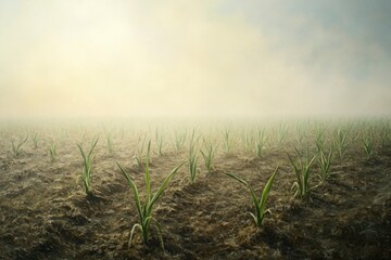 Green shoots on a misty field at dawn