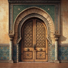 Ornate wooden double doors in a Moorish architectural archway with intricate tilework.