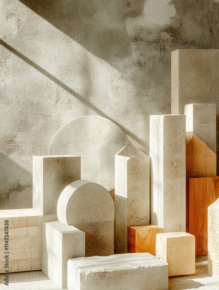 Aufkleber construction materials arranged artistically with contrasting light and shadow for a modern aestheti