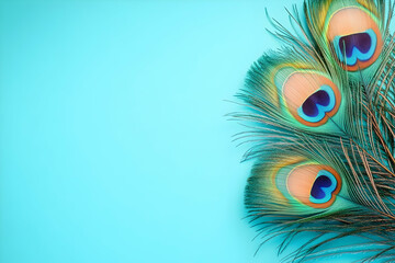 Obraz premium Colorful peacock feathers display their stunning patterns on a tranquil turquoise surface