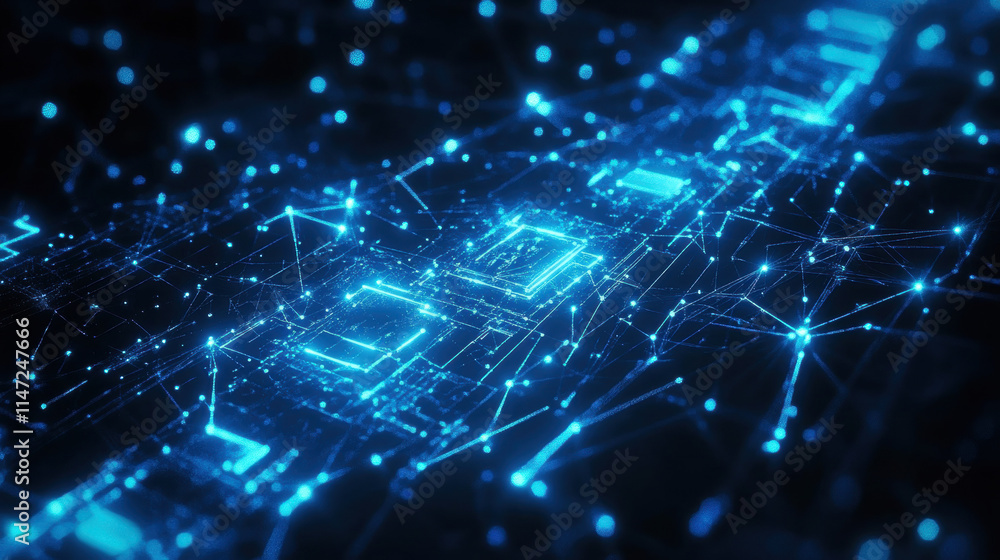 Poster abstract blue background with glowing connection lines and dots, a technology network concept