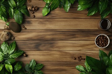 Overhead view of wooden table with coffee beans, leaves, and a cup of coffee, leaving ample copy space in the center.