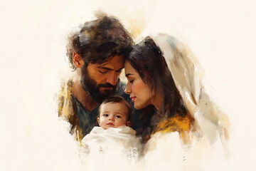 Oil painting of Holy family on light background. Virgin Mary and Saint Joseph holding infant Jesus Christ. Christian Art. © Milan