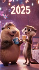 cartoon capybara and meerkat celebrating the new year 2025