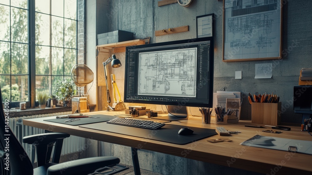 Aufkleber modern engineering desk with detailed blueprints and abundant natural light for productive workspace