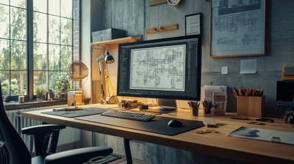 Modern engineering desk with detailed blueprints and abundant natural light for productive workspace. Generative AI